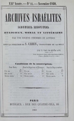 Archives israélites de France. Vol.21 N°11 (noembre 1860)